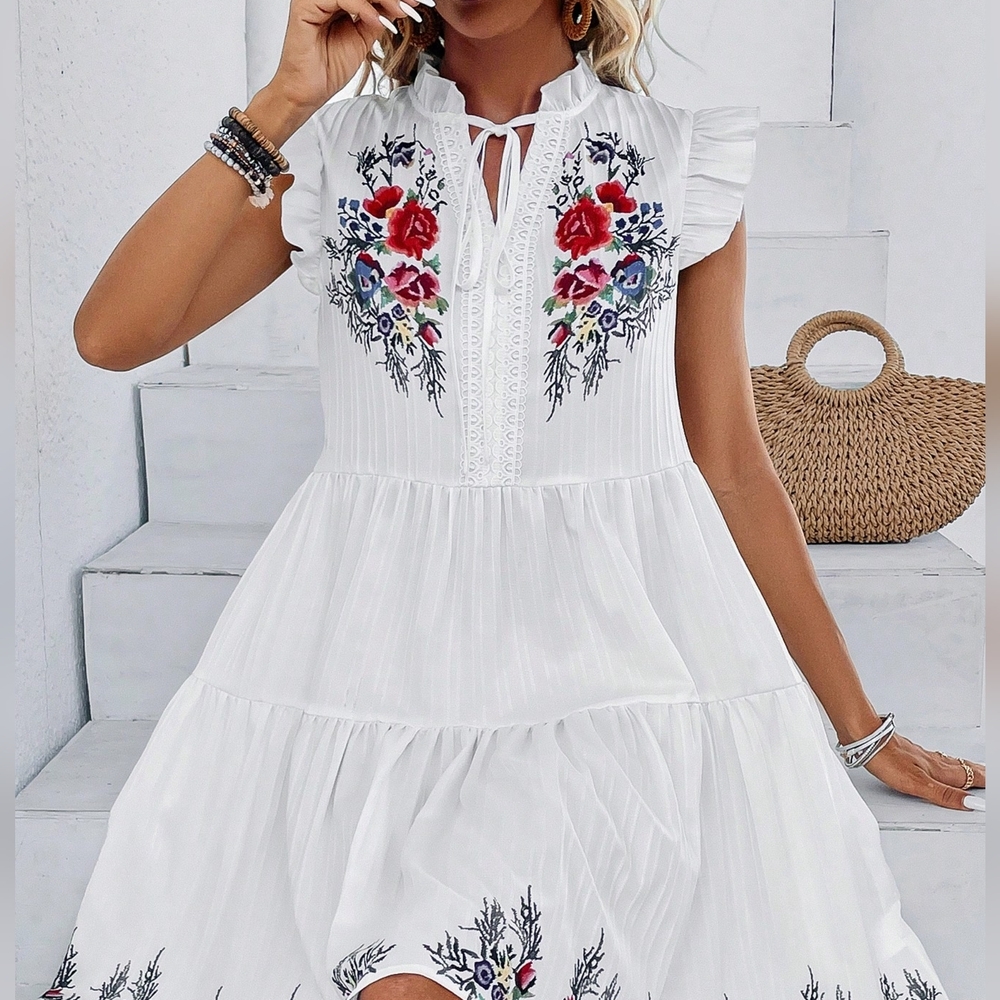 Summer Easter White Floral Print Women's Dress With Ruffle Sleeves - Picture 2 of 4